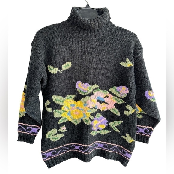 Vintage Sweaters - VTG Interim Turtleneck Sweater Abstract Floral Artsy 90s Women Large Cottagecore